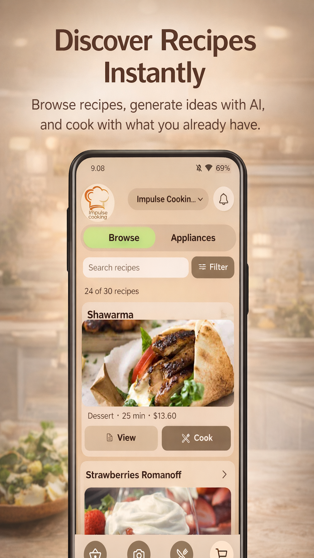 Impulse Cooking recipe discovery screen
