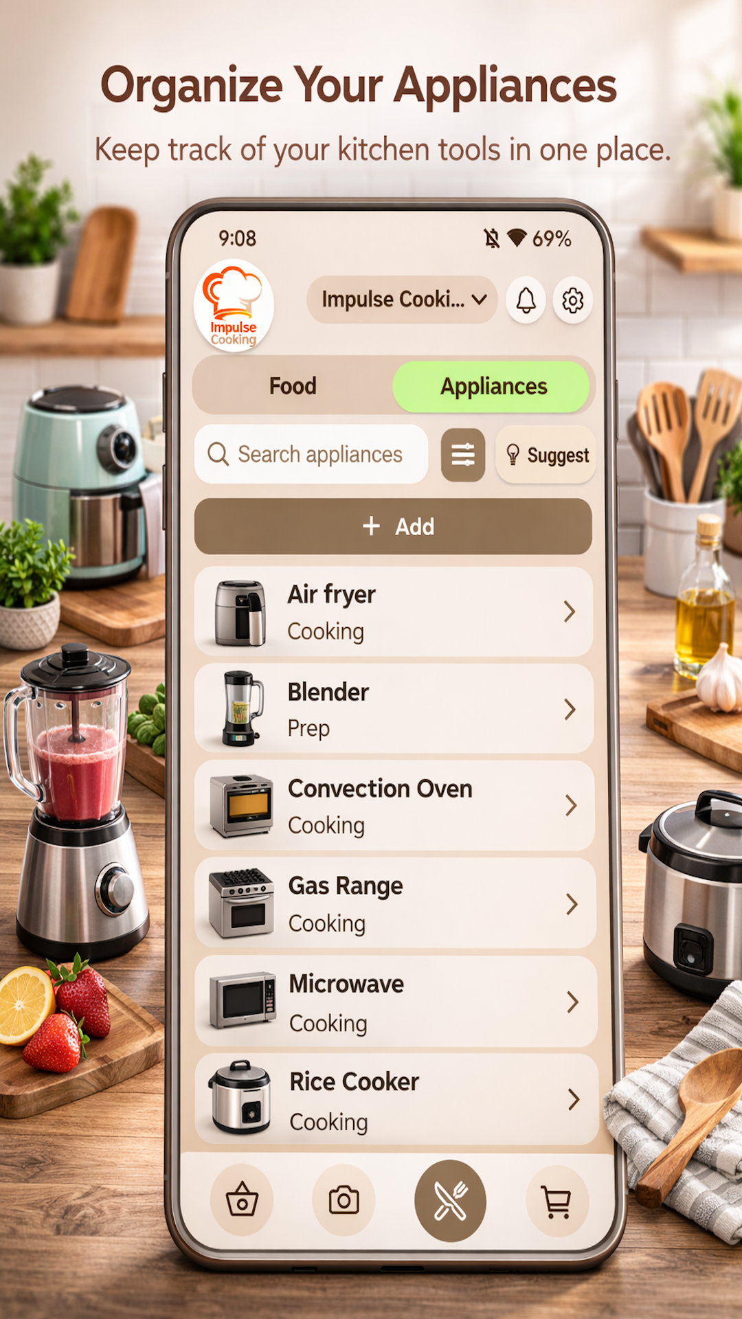 Impulse Cooking appliance organization screen