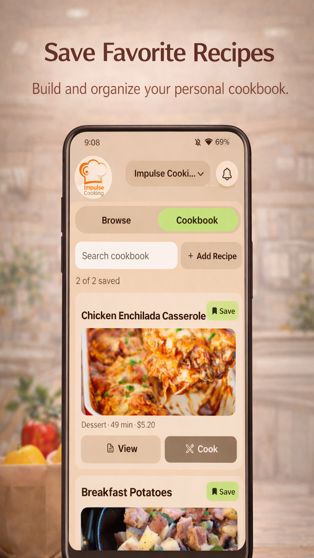 Impulse Cooking cookbook save screen