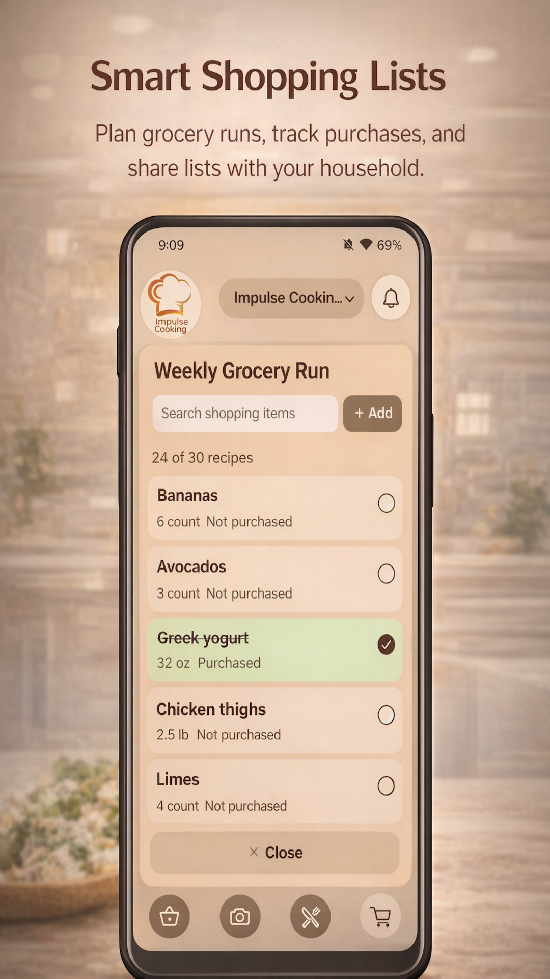 Impulse Cooking shopping lists screen