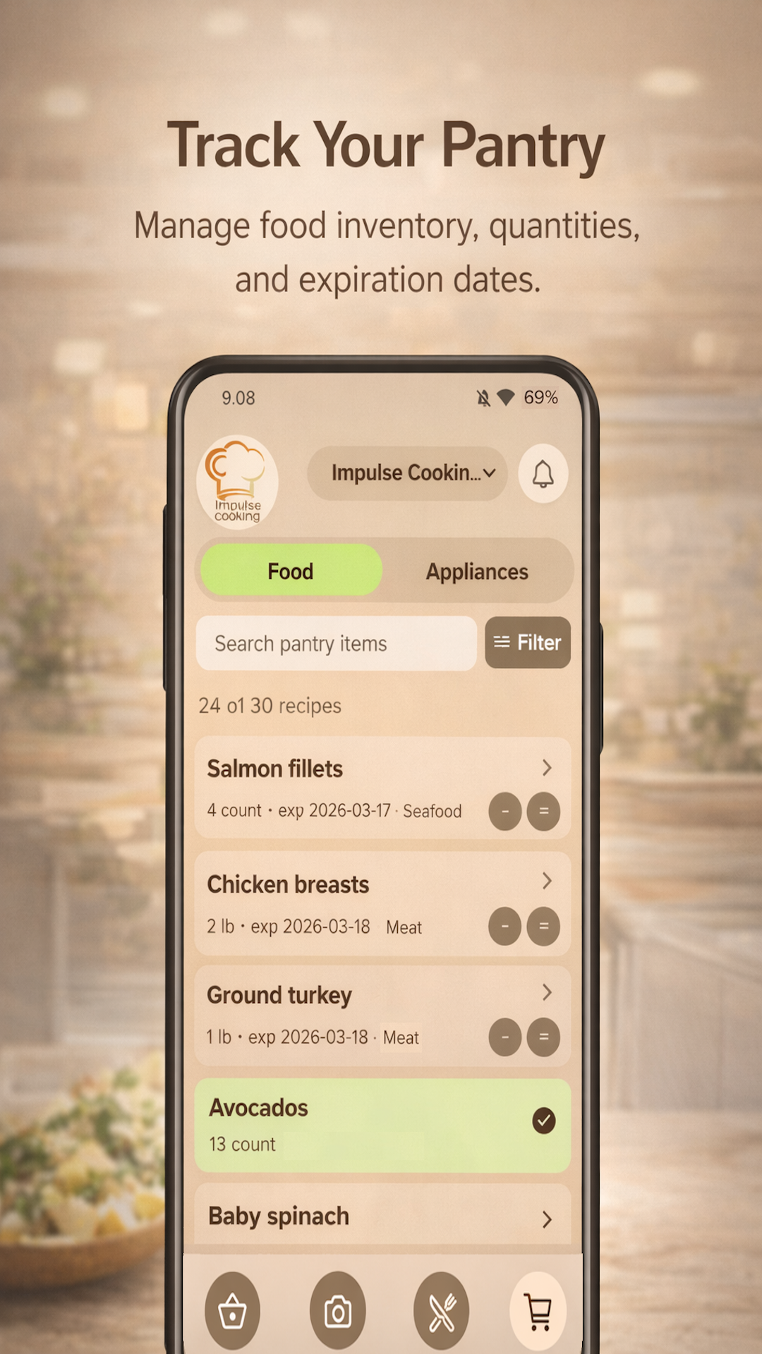 Impulse Cooking pantry tracking screen